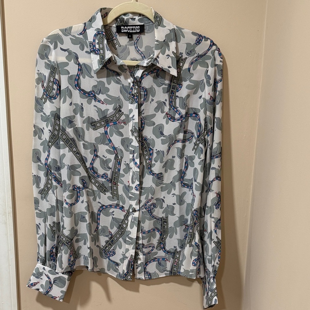 Silk Green and Pink Snake and Ladder Patterned Women's Blouse size small